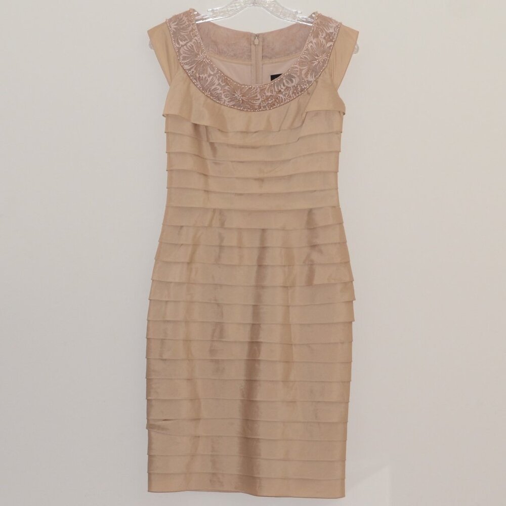 Adrianna Papell Silk Combo Champagne  Tiered Dress with Beaded Neckline SIZE 4